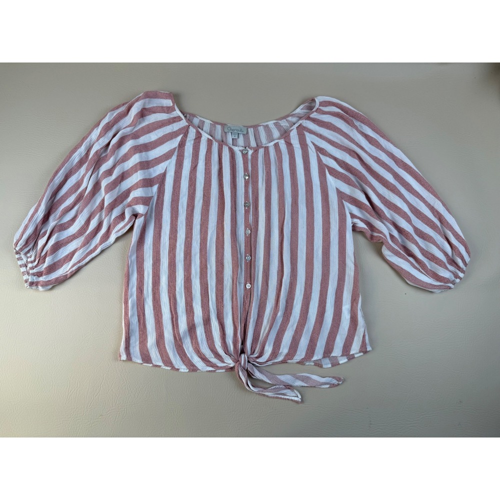 Coastal Boho Striped Tie Front Blouse Balloon Sleeve‎ Medium Chenault